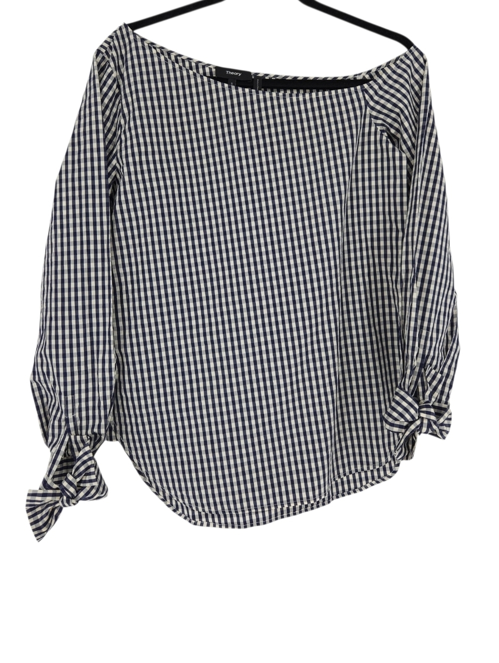 Theory Blouse Navy Blue Gingham One Shoulder Tie Cuff Long Sleeve Shirt Small